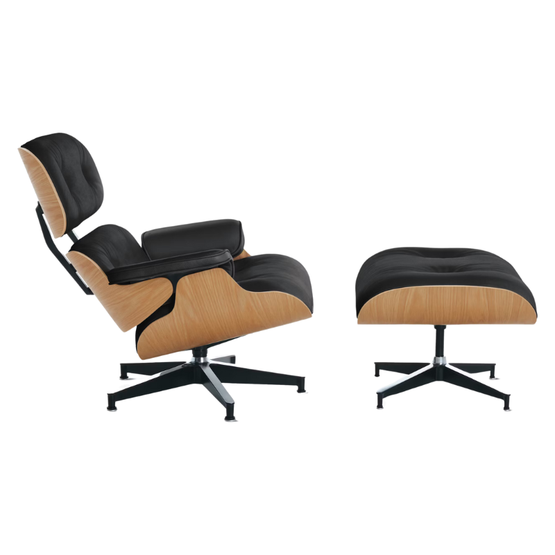 The Eames Lounge Chair and Ottoman from Herman Miller in black all grain leather upholstery with the white oak shell.