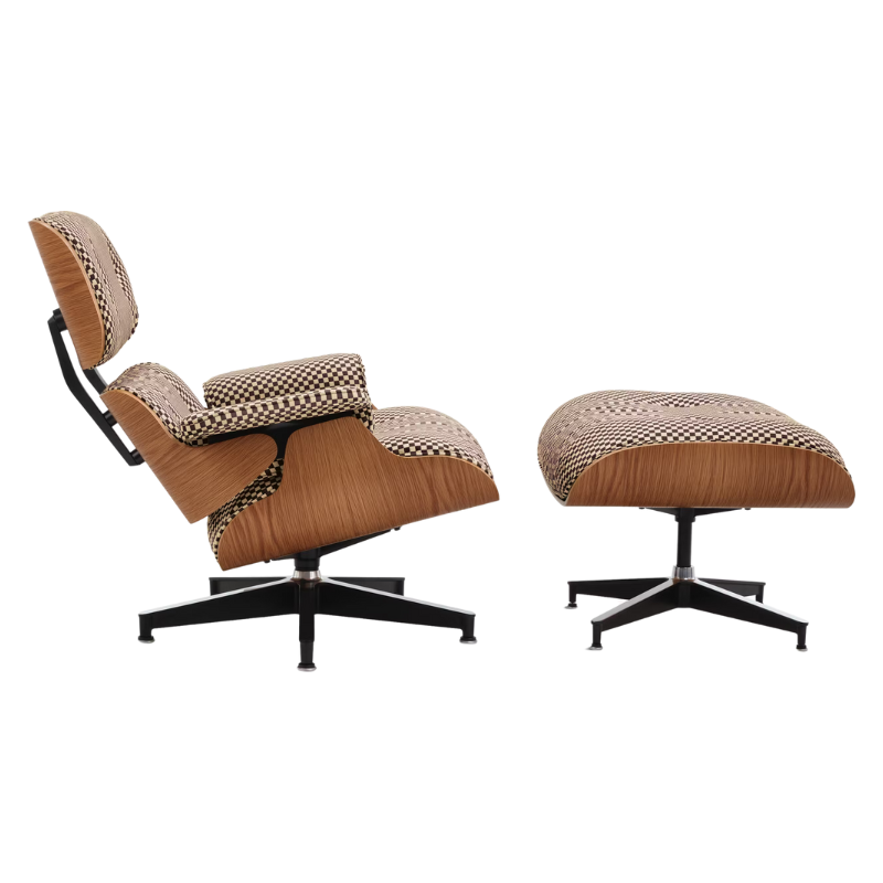 The Eames Lounge Chair and Ottoman from Herman Miller in black and white checker upholstery with the walnut shell.