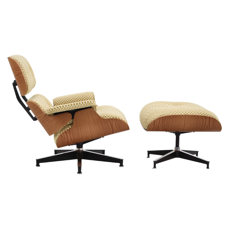 The Eames Lounge Chair and Ottoman from Herman Miller in emerald light and ivory checker upholstery with the walnut shell.