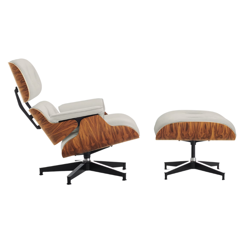 The Eames Lounge Chair and Ottoman from Herman Miller in lotus prone leather upholstery with the santos palisander shell.