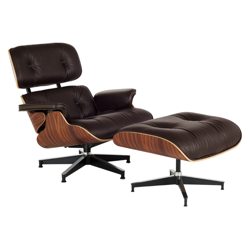 The Eames Lounge Chair and Ottoman from Herman Miller in pitch brown all grain leather upholstery with the santos palisander shell.