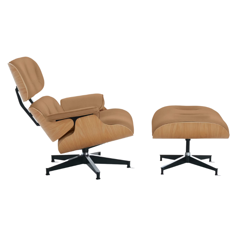 The Eames Lounge Chair and Ottoman from Herman Miller in shore prone leather upholstery with the white oak shell.