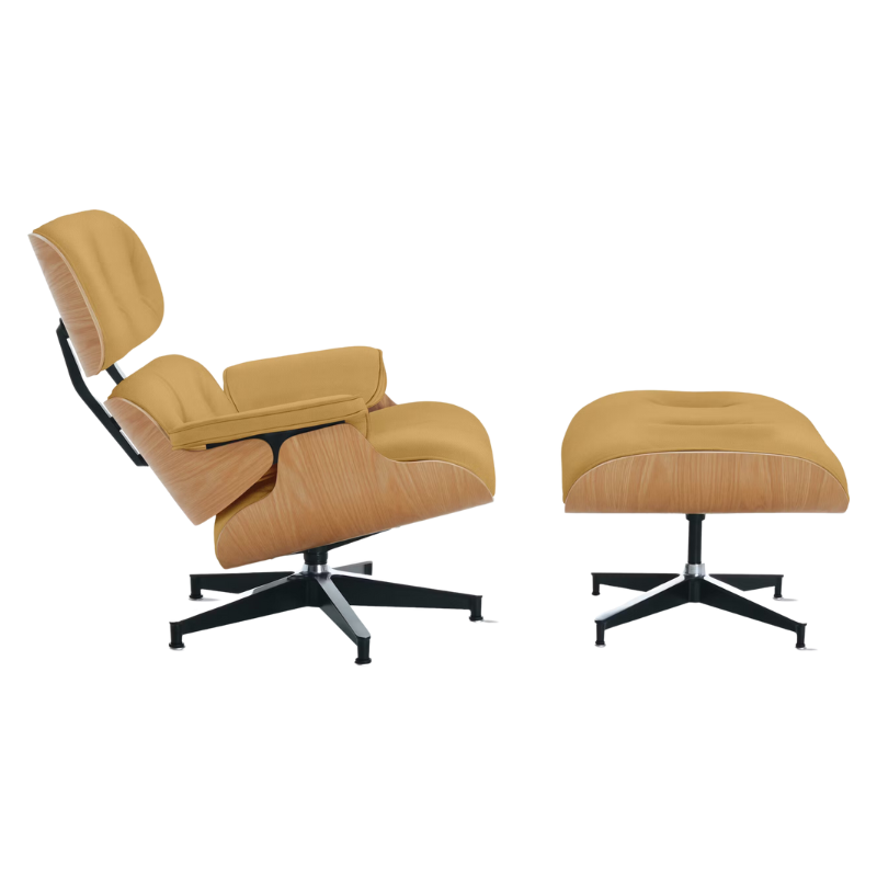 The Eames Lounge Chair and Ottoman from Herman Miller in yarrow prone leather upholstery with the white oak shell.