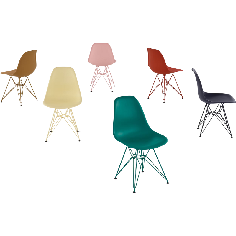 All six color variations of the Eames Molded Plastic Side Chair from Herman Miller designed by Herman Miller x HAY.