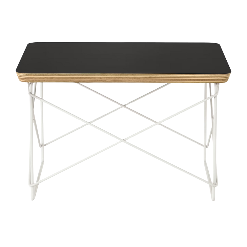 The Eames Wire Base Low Table from Herman Miller with the black laminate top and studio white base.