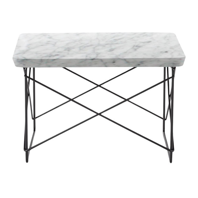The Eames Wire Base Low Table from Herman Miller with the Carrara white marble top and black base.