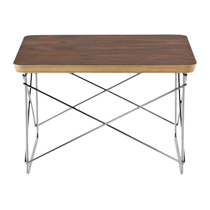 The Eames Wire Base Low Table from Herman Miller with the walnut veneer and chrome base.