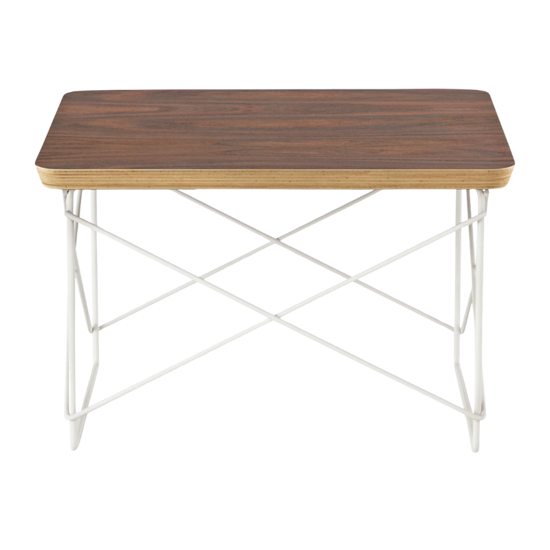 The Eames Wire Base Low Table from Herman Miller with the walnut veneer and studio white base.