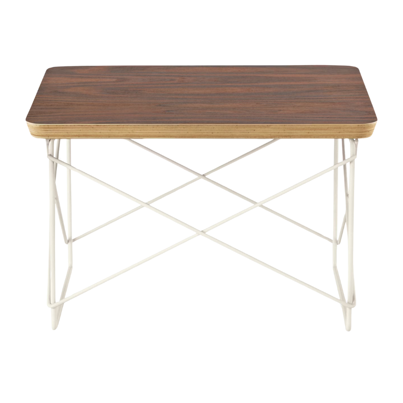 The Eames Wire Base Low Table from Herman Miller with the walnut veneer and white base.