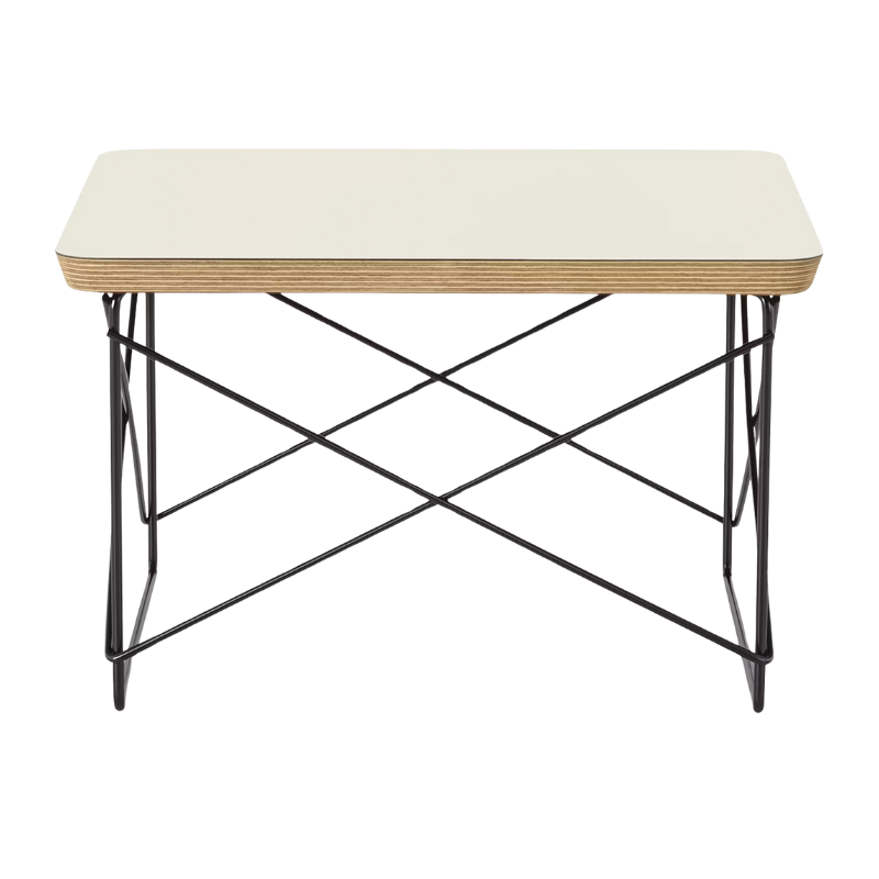 The Eames Wire Base Low Table from Herman Miller with the white laminate top and black  base.