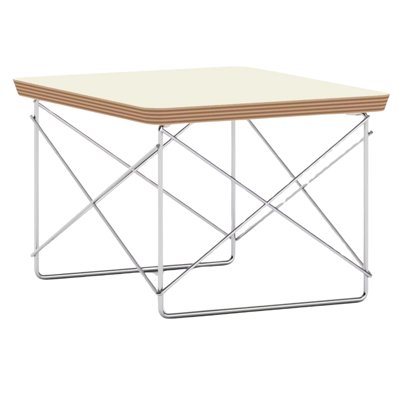 The Eames Wire Base Low Table from Herman Miller with the white laminate top and chrome base.