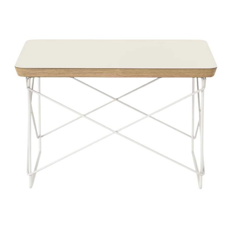 The Eames Wire Base Low Table from Herman Miller with the white laminate top and studio white base.