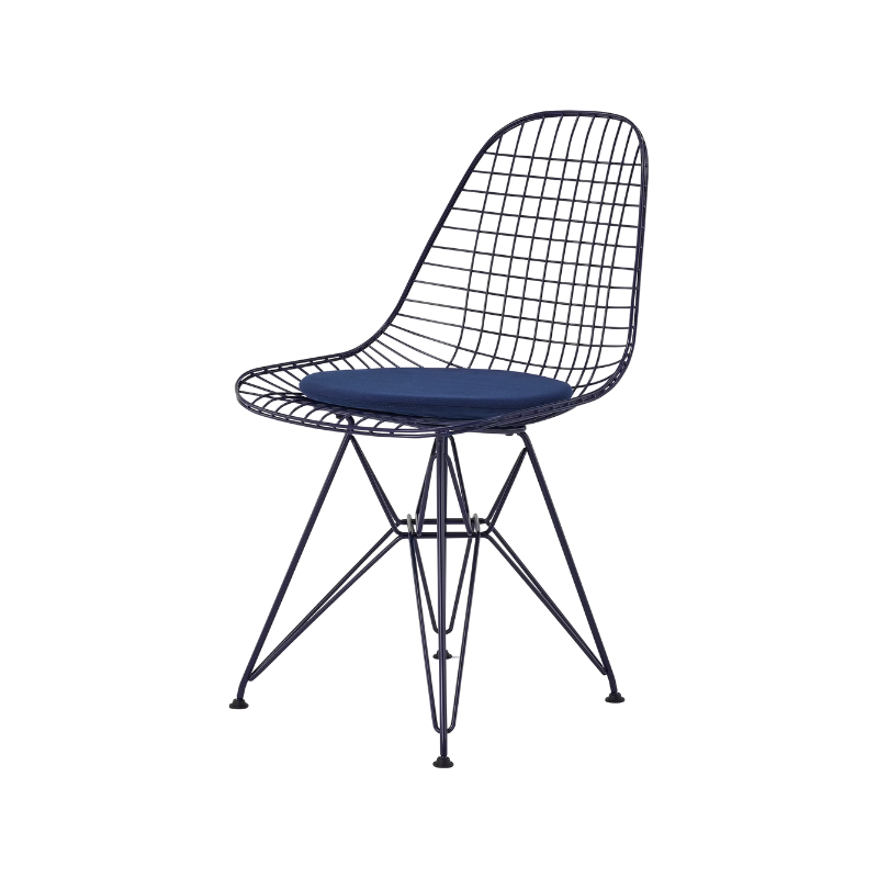 The Eames Wire Chair from Herman Miller, designed by Herman Miller x HAY in black blue with a seat pad.