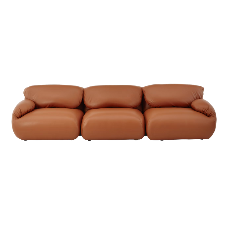 The three seater Luva Modular Sofa from Herman Miller with sienna raise leather from a higher angle.