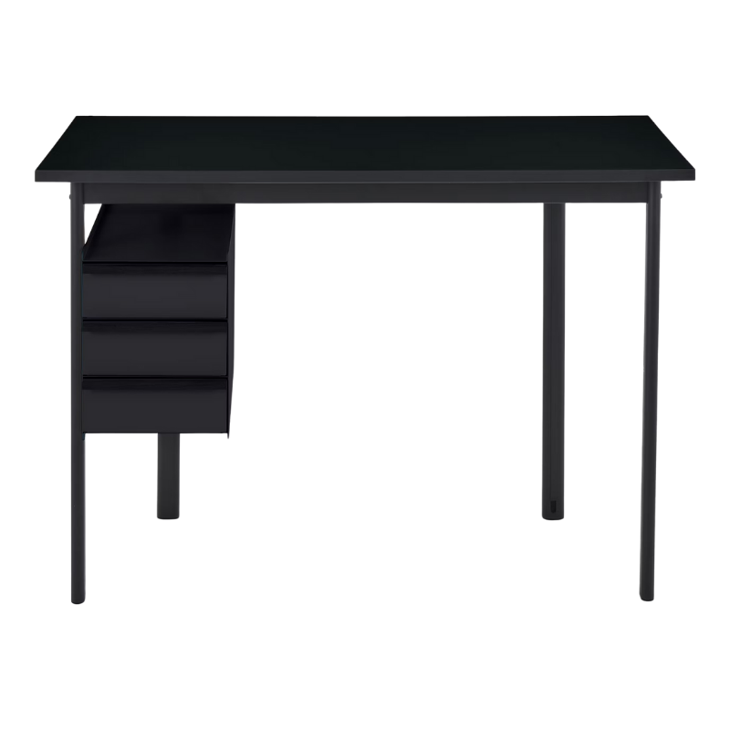 The Mode Desk from Herman Miller with the black laminate top with black handle and black storage.