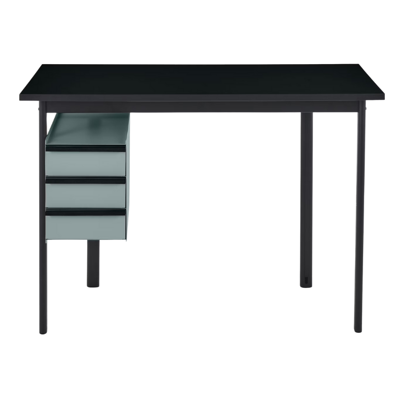 The Mode Desk from Herman Miller with the black laminate top with black handle and glacier storage.