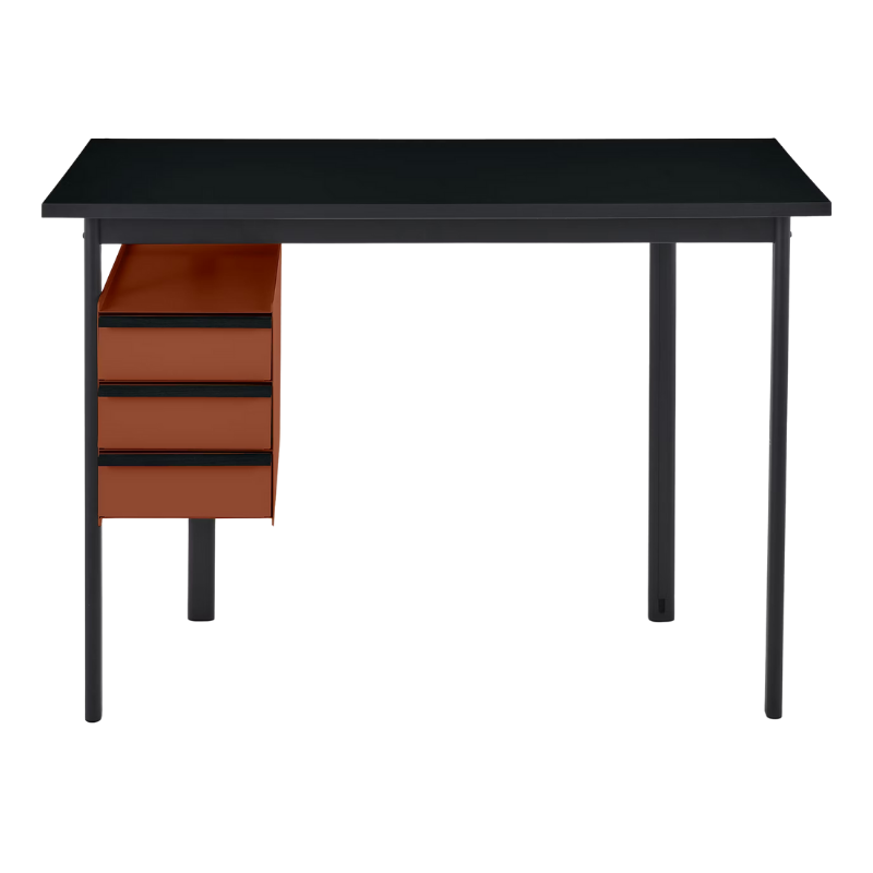 The Mode Desk from Herman Miller with the black laminate top with black handle and terracotta storage.