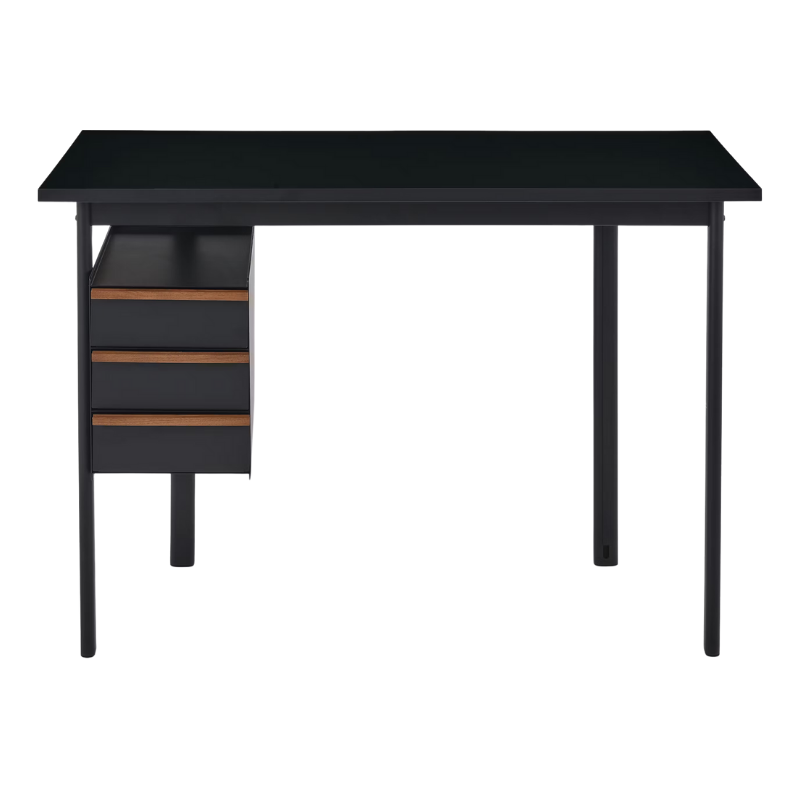 The Mode Desk from Herman Miller with the black laminate top with walnut handle and black storage.