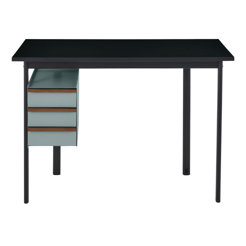 The Mode Desk from Herman Miller with the black laminate top with walnut handle and glacier storage.