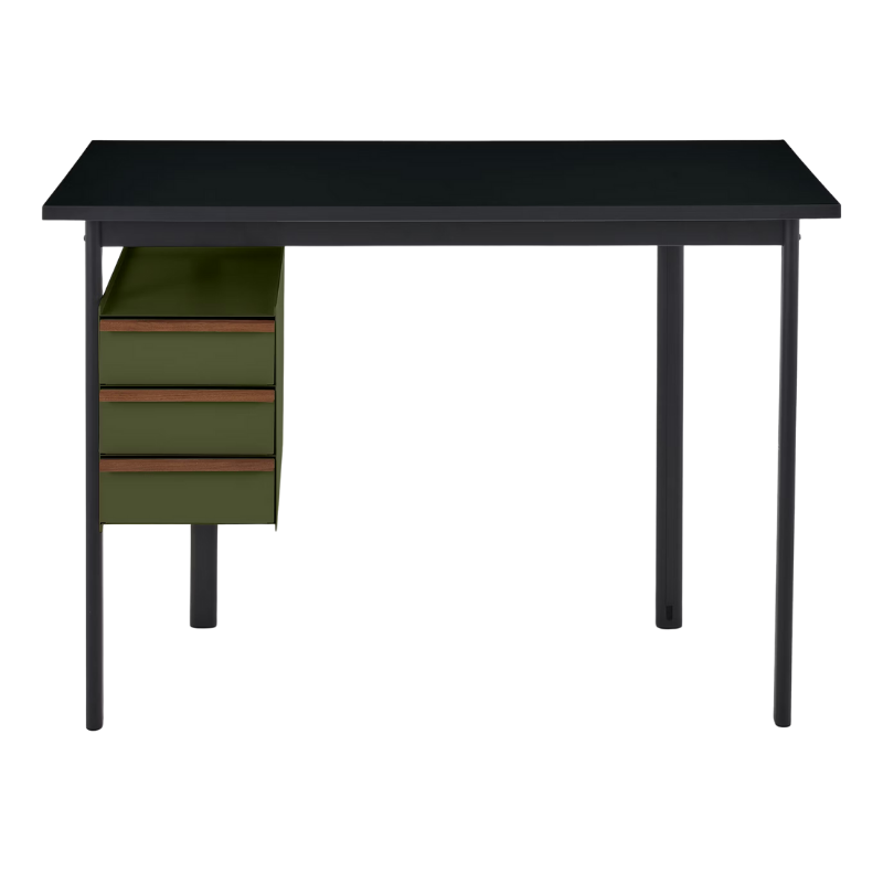 The Mode Desk from Herman Miller with the black laminate top with walnut handle and olive storage.