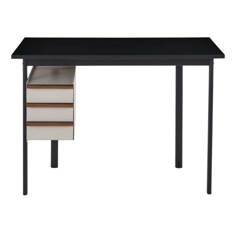 The Mode Desk from Herman Miller with the black laminate top with walnut handle and sandstone storage.