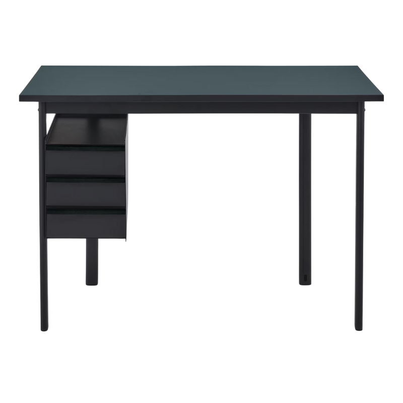 The Mode Desk from Herman Miller with the blue grey laminate top with black handle and black storage.