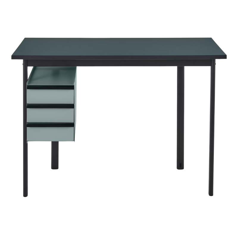 The Mode Desk from Herman Miller with the blue grey laminate top with black handle and glacier storage.