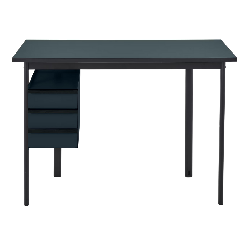 The Mode Desk from Herman Miller with the blue grey laminate top with black handle and nightfall storage.