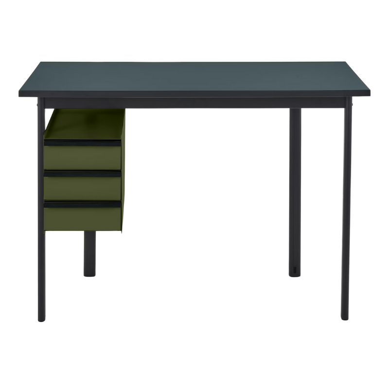 The Mode Desk from Herman Miller with the blue grey laminate top with black handle and olive storage.