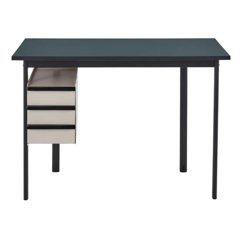 The Mode Desk from Herman Miller with the blue grey laminate top with black handle and sandstone storage.