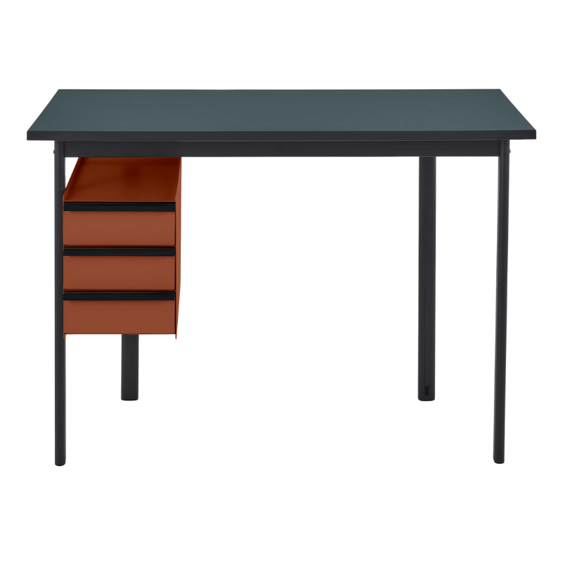 The Mode Desk from Herman Miller with the blue grey laminate top with black handle and terracotta storage.