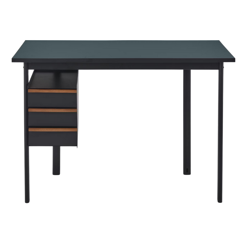 The Mode Desk from Herman Miller with the blue grey laminate top with walnut handle and black storage.