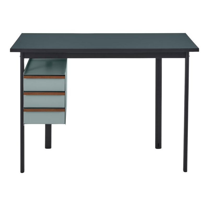 The Mode Desk from Herman Miller with the blue grey laminate top with walnut handle and glacier storage.