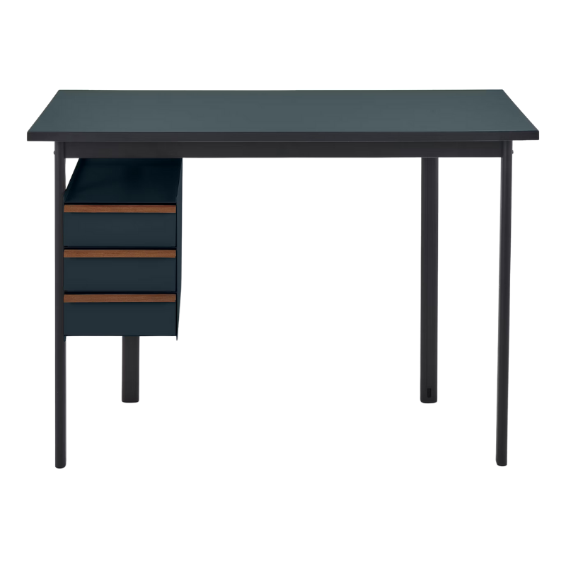 The Mode Desk from Herman Miller with the blue grey laminate top with walnut handle and nightfall storage.