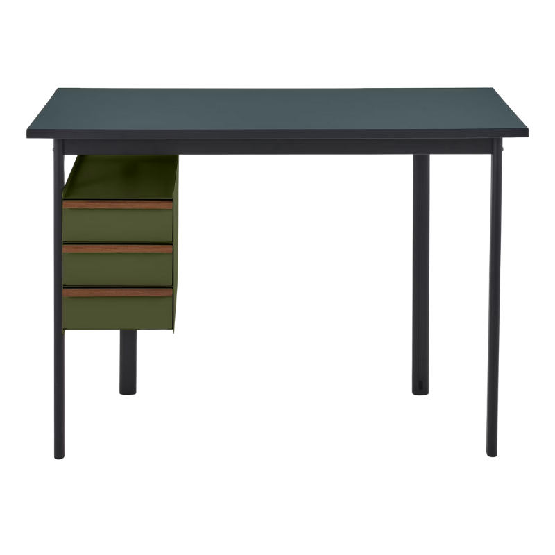 The Mode Desk from Herman Miller with the blue grey laminate top with walnut handle and olive storage.