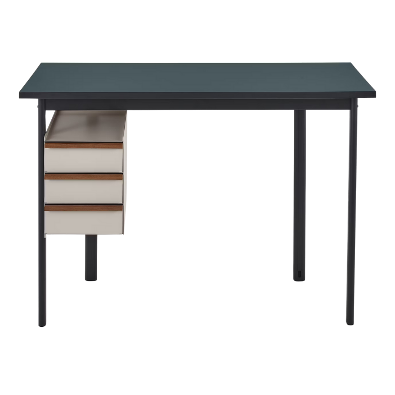 The Mode Desk from Herman Miller with the blue grey laminate top with walnut handle and sandstone storage.