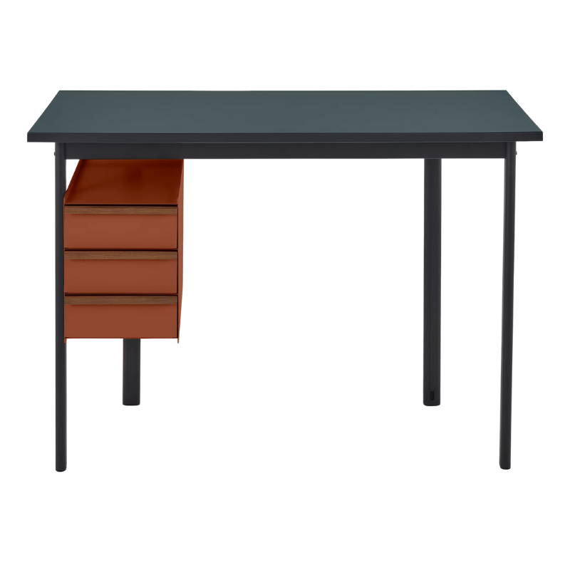 The Mode Desk from Herman Miller with the blue grey laminate top with walnut handle and terracotta storage.