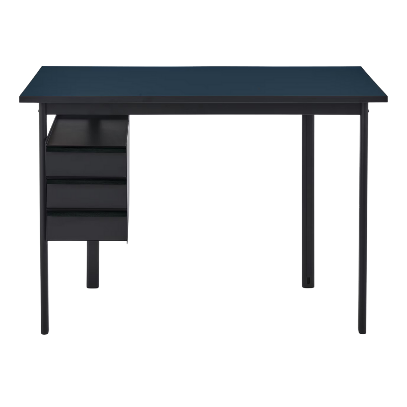 The Mode Desk from Herman Miller with the deep sea laminate top with black handle and black storage.