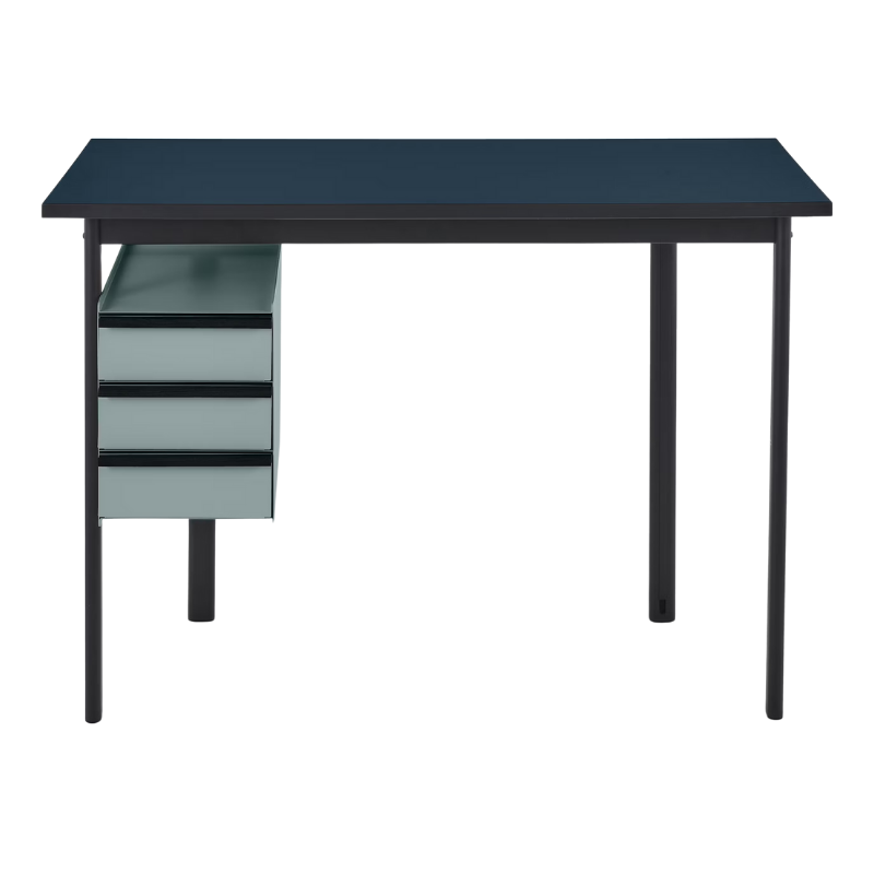 The Mode Desk from Herman Miller with the deep sea laminate top with black handle and glacier storage.