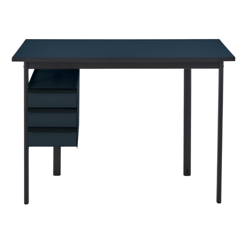 The Mode Desk from Herman Miller with the deep sea laminate top with black handle and nightfall storage.