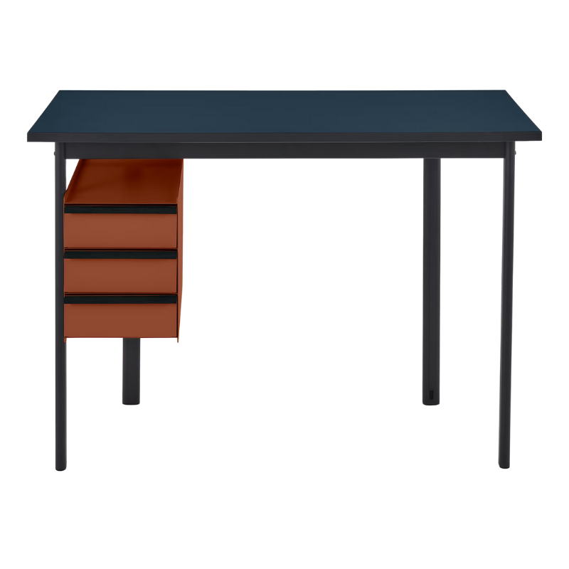 The Mode Desk from Herman Miller with the deep sea laminate top with black handle and terracotta storage.