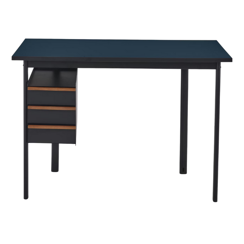 The Mode Desk from Herman Miller with the deep sea laminate top with walnut handle and black storage.