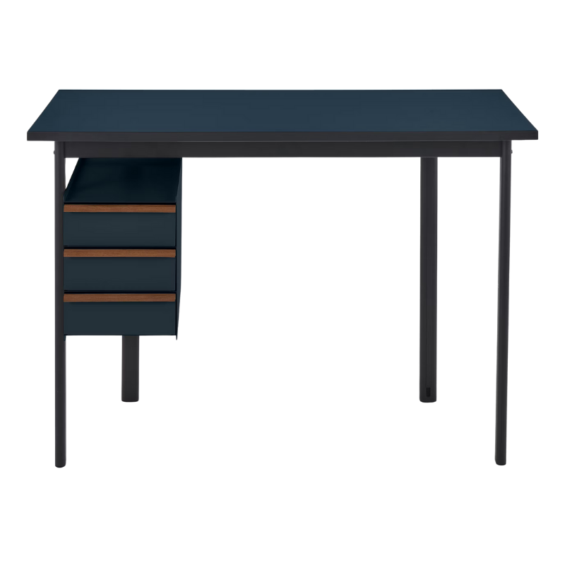 The Mode Desk from Herman Miller with the deep sea laminate top with walnut handle and nightfall storage.