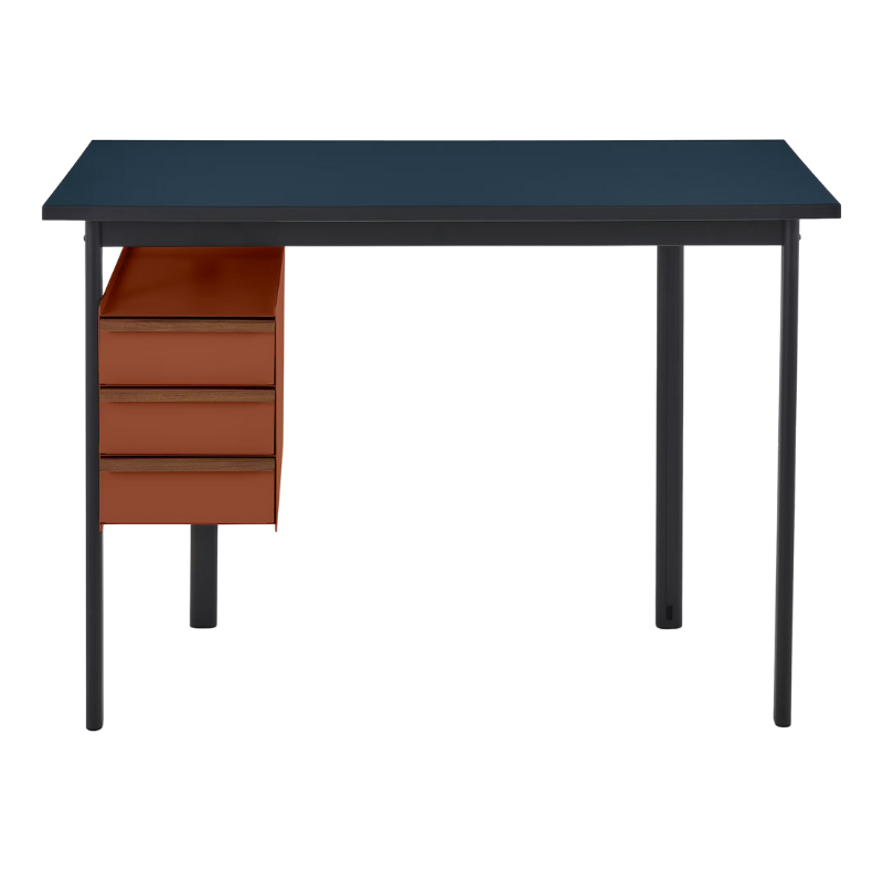 The Mode Desk from Herman Miller with the deep sea laminate top with walnut handle and terracotta storage.