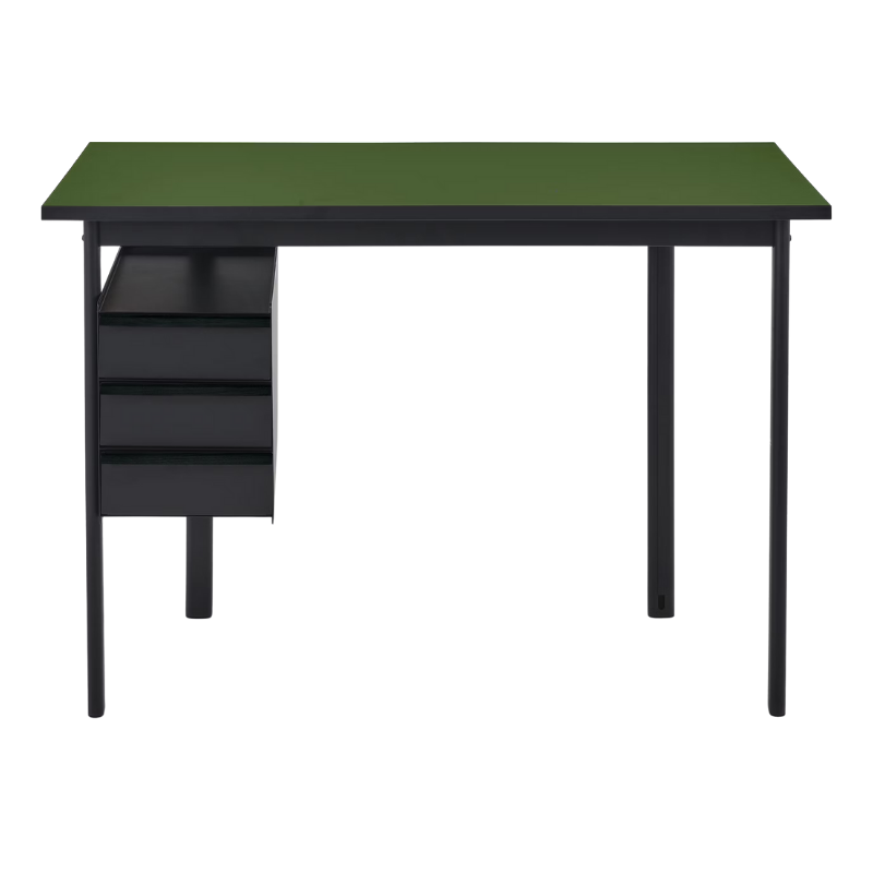 The Mode Desk from Herman Miller with the pesto laminate top with black handle and black storage.