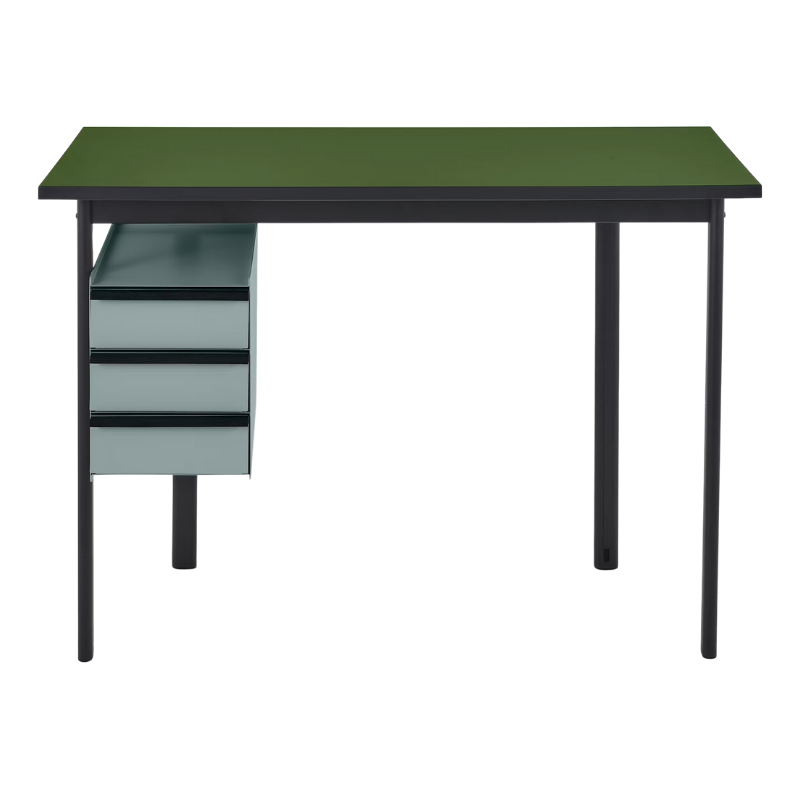 The Mode Desk from Herman Miller with the pesto laminate top with black handle and glacier storage.