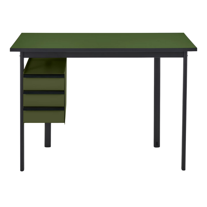 The Mode Desk from Herman Miller with the pesto laminate top with black handle and olive storage.