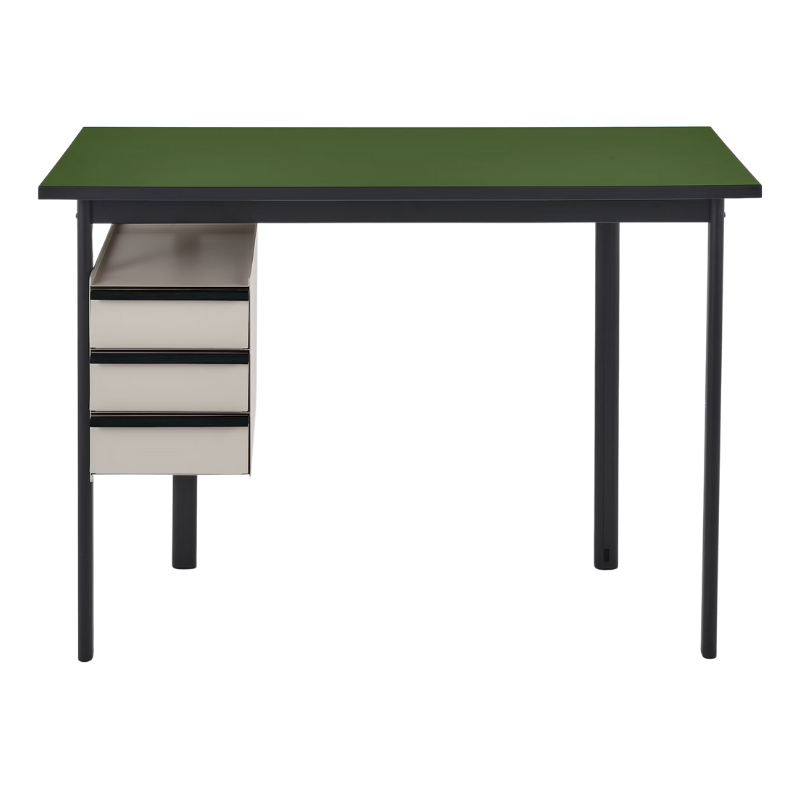 The Mode Desk from Herman Miller with the pesto laminate top with black handle and sandstone storage.