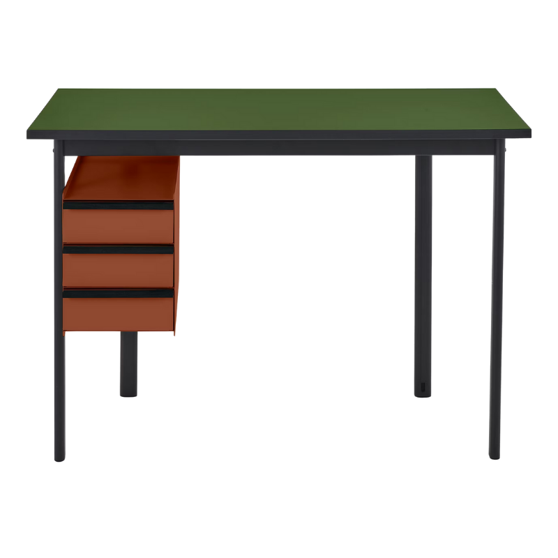 The Mode Desk from Herman Miller with the pesto laminate top with black handle and terracotta storage.
