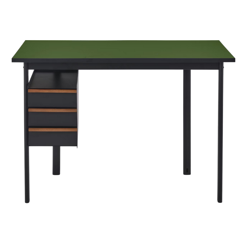The Mode Desk from Herman Miller with the pesto laminate top with walnut handle and black storage.
